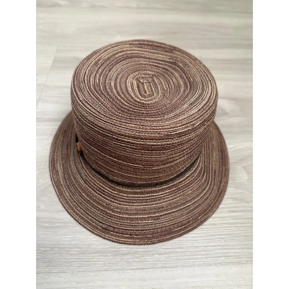 Croft & Barrow Hat Womens Brown Striped Woven Straw Sun Hat Wood Beads Cloche